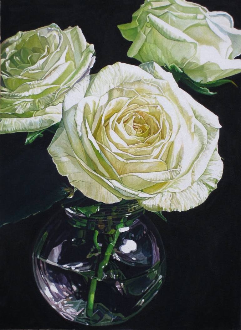 White Roses In A Vase Painting by Huey-Chih Ho | Saatchi Art United Kingdom