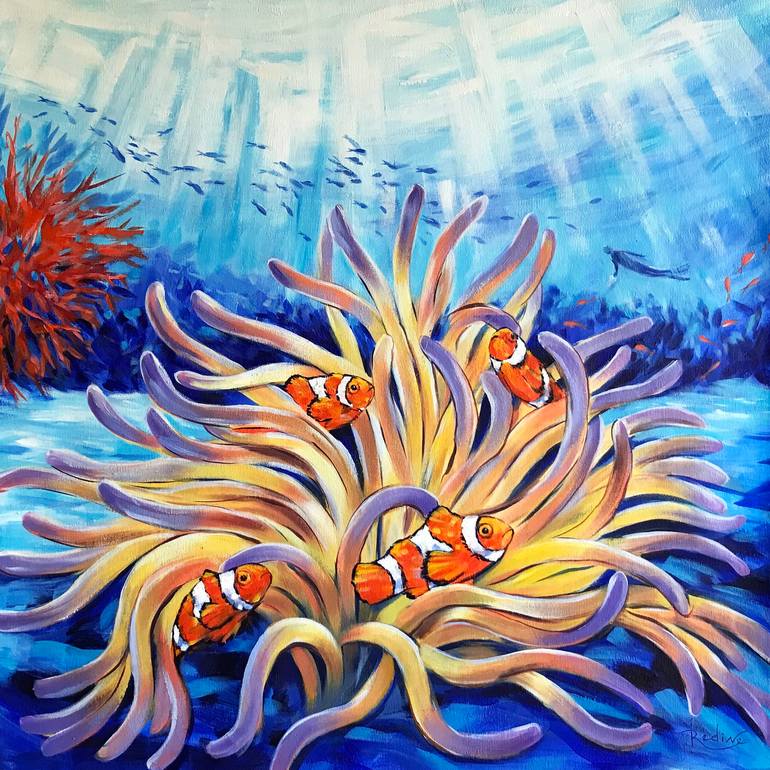 Clownfish and Sea Anemones Painting by Irina Redine | Saatchi Art