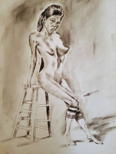 Original Fine Art Nude Drawing by Akram Muhammad