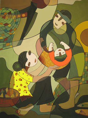 Original Cubism Family Paintings by Phung Wang