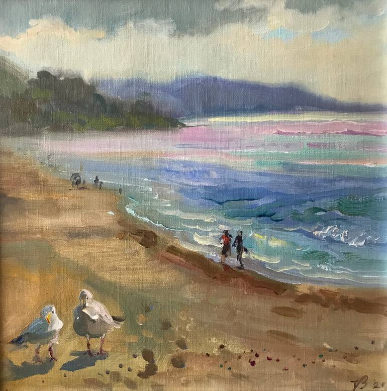 white seagulls on the beach Painting by Katharina Valeeva | Saatchi Art