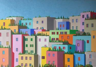 Original Geometric Cities Painting by Ali Mourabet
