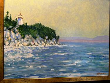 Original Maine Island Lighthouse, Rocky Cliffs, Ocean Surging Against The Shore, Landscape Painting by Guy Hembling