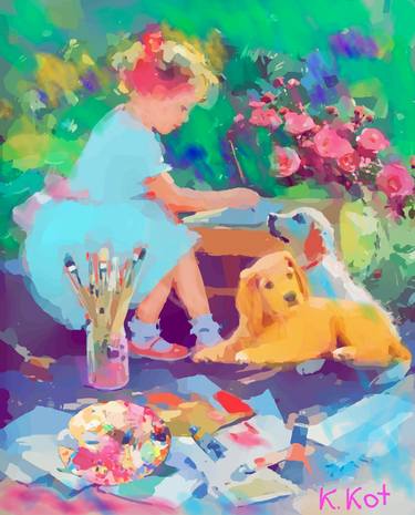 Original Impressionism Children Mixed Media by Katia Kot
