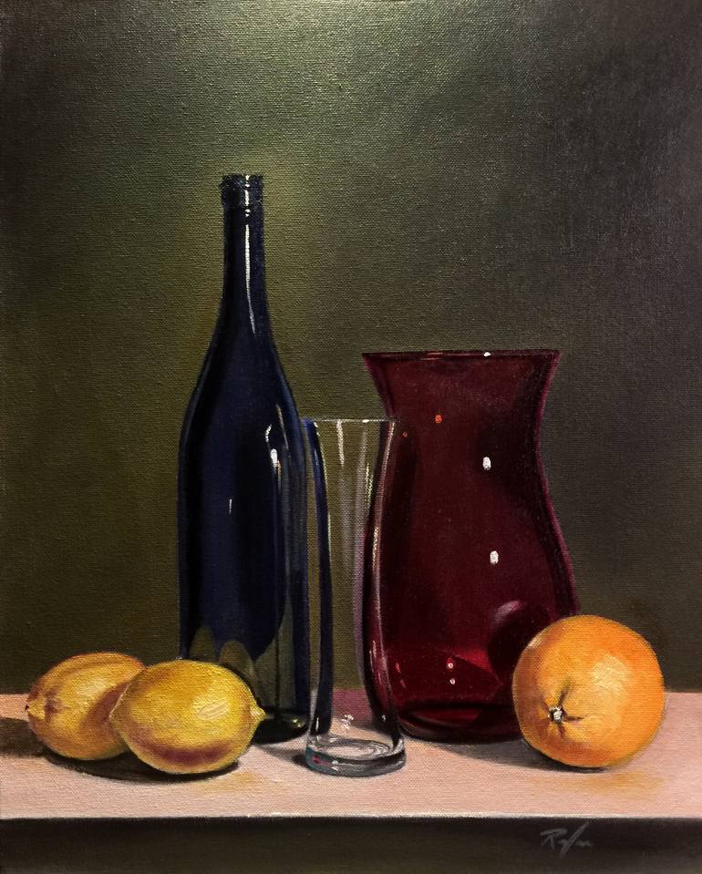 Still Life with Blue Bottle, Red Vase, Clear Vase and Fruit Painting by ...