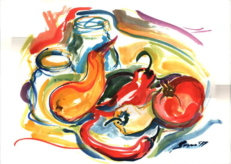 Still Life with Tomato and Peppers Painting by Dosia Boroń | Saatchi Art
