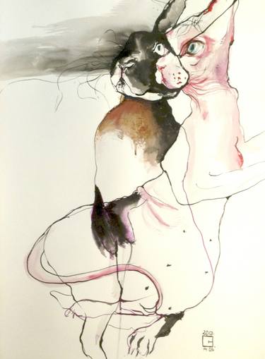 Original Surrealism Cats Drawings by Olga Gál