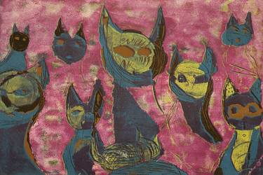 Original Illustration Cats Printmaking by Ozgun Evren Erturk