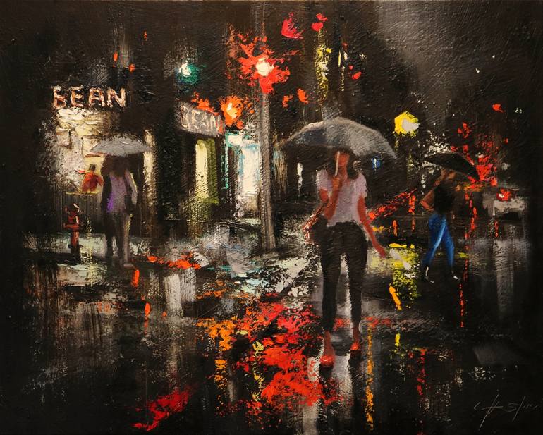 Dark Rain in First Avenue Painting by Chin H Shin | Saatchi Art