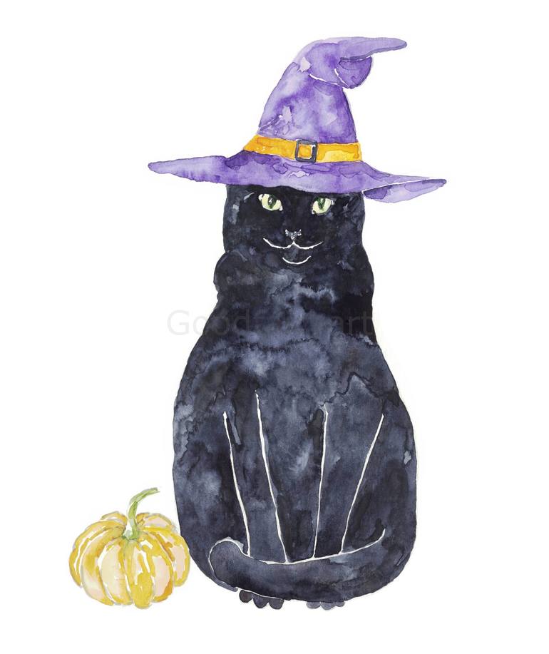 Witch cat black witchy wizard hat Painting Painting by Maryna