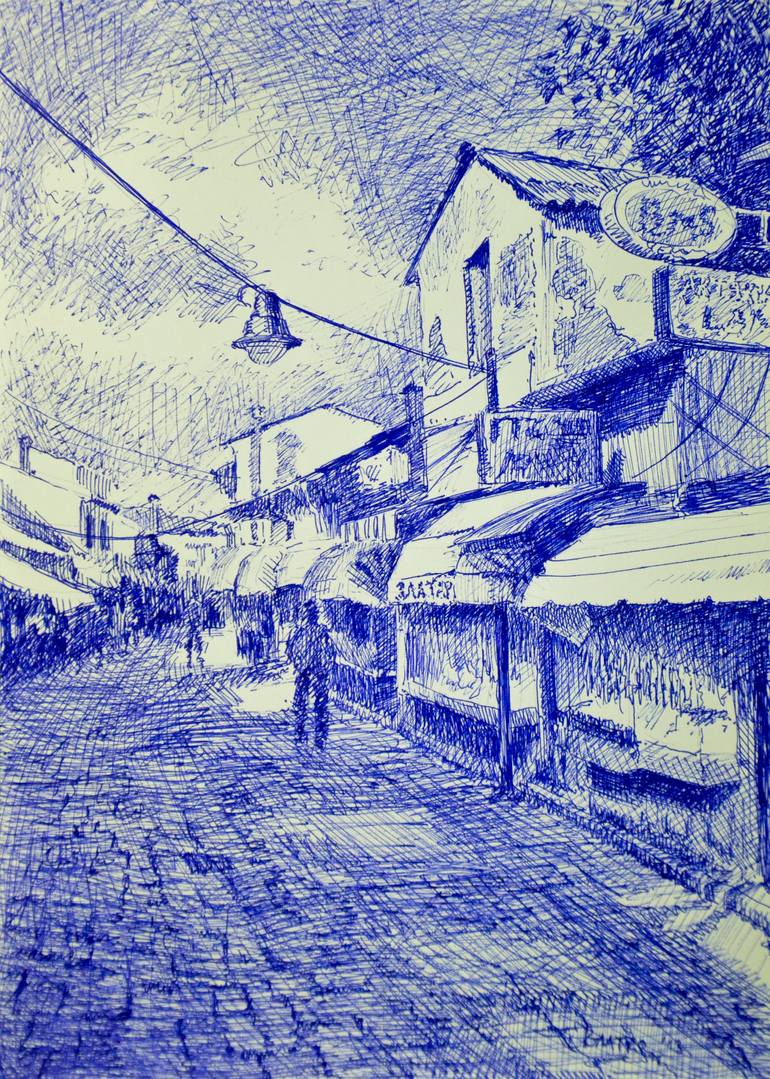 Scenery Drawing Blue Ballpoint Pen Drawing Easy Ballpoint Pen