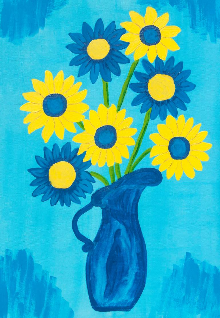 Yellow and blue sunflowers in vase Painting by Irina Afonskaya ...