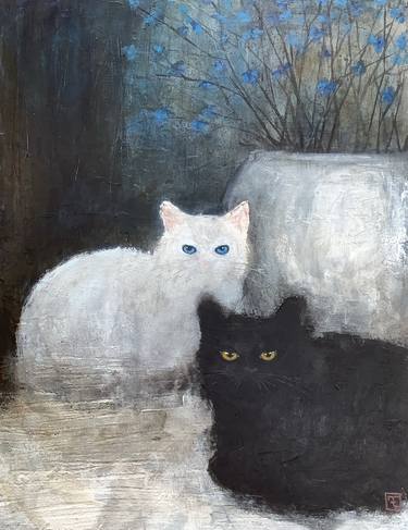 Original Abstract Cats Painting by Eva Fialka