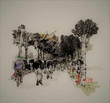 Print of Conceptual Cows Mixed Media by Debbi Saccomanno Chan