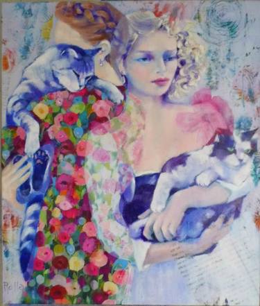 Original Figurative Cats Paintings by Mireille Rolland