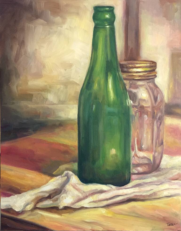 Green Bottle with Jar Painting by Matthew Teter | Saatchi Art